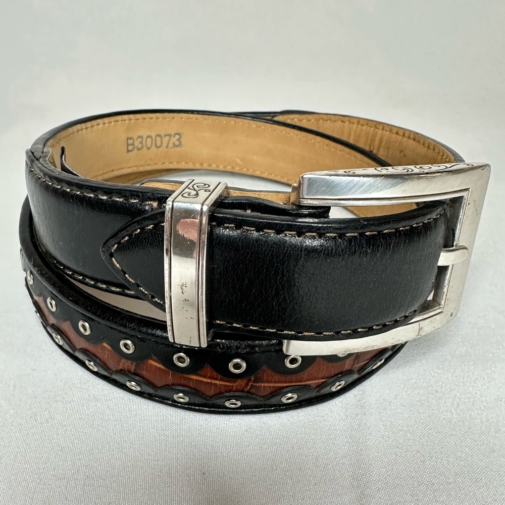 Brighton Two-Tone Black Brown Leather Belt Silver Buckle Women’s Size S/28